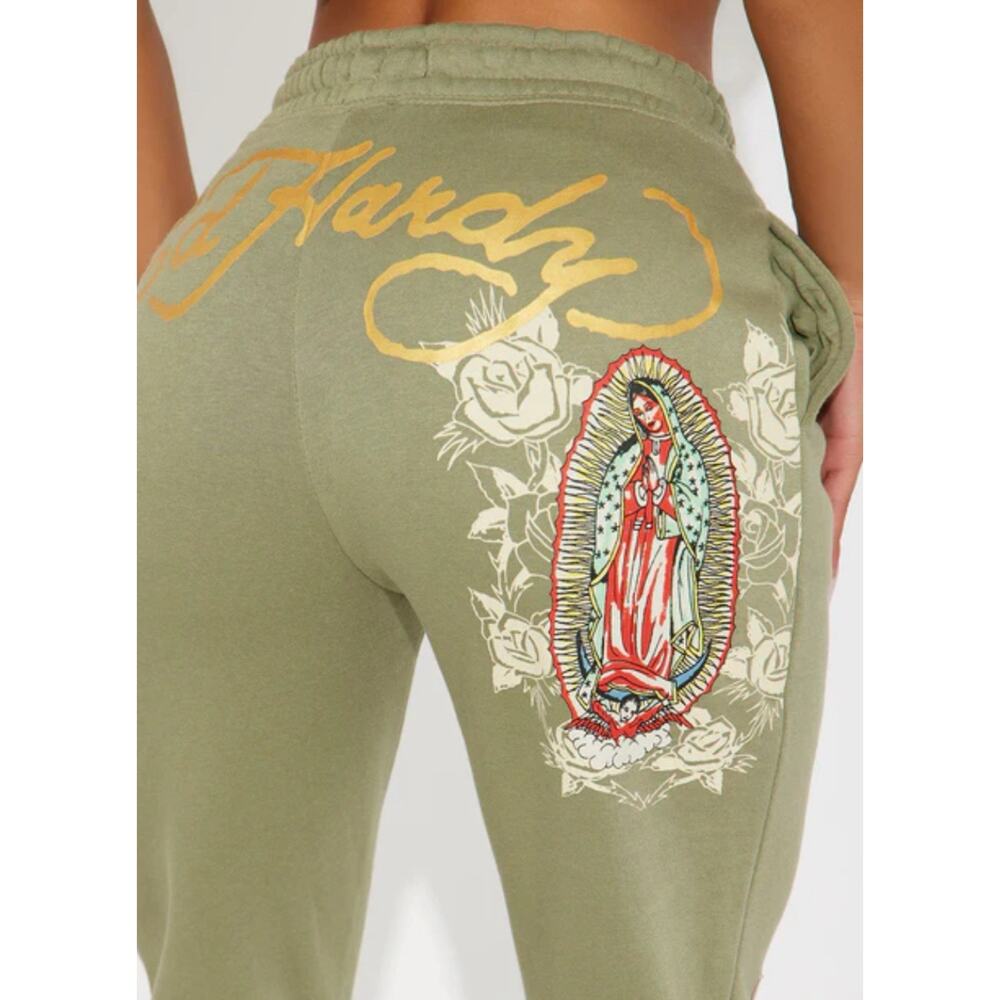 Ed Hardy Olive Green Jogger Sweatpants Mary Graphic Women’s XL Vintage Y2K New